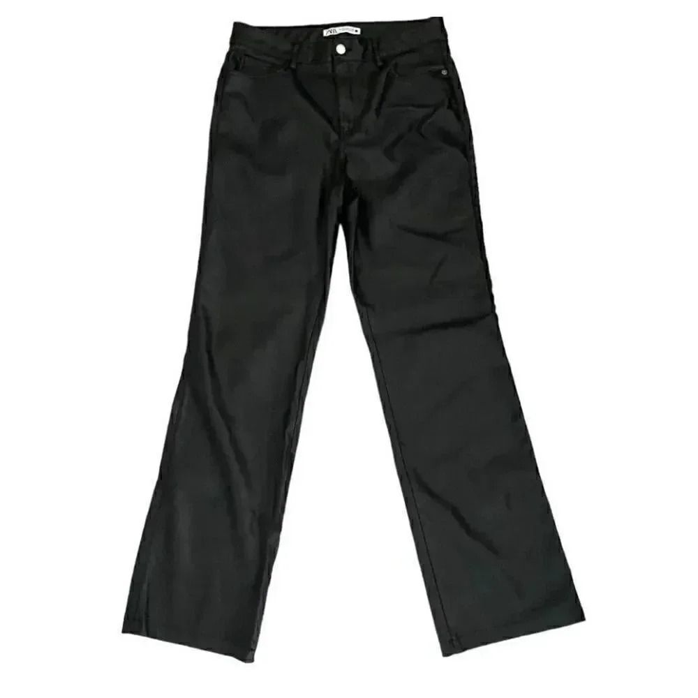 ZARA Faux Leather Pants Black High Waisted Straight Leg SZ 8 #1120